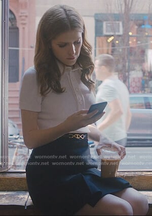 Darby's white polo and buckle mini skirt on Love Life