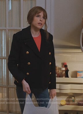 Darby's navy double breasted coat on Love Life