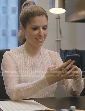 Darby's white polka dot sheer blouse on Love Life
