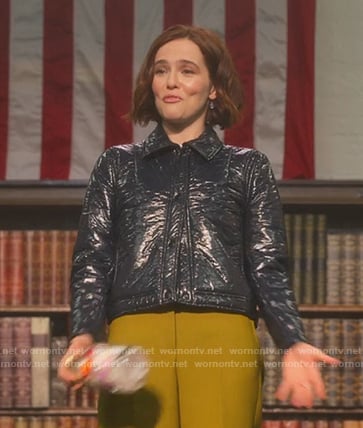 Infinity's navy crinkle jacket on The Politician