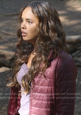 Jessica's burgundy padded jacket on 13 Reasons Why