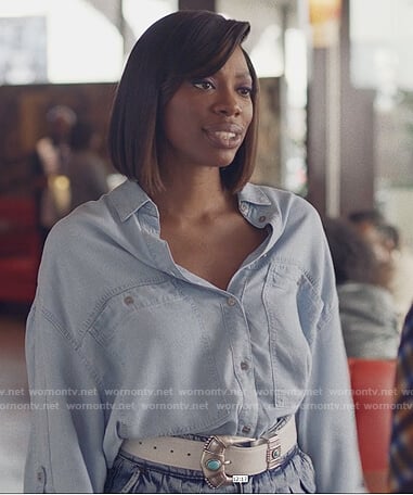 Molly's blue oversized shirt and denim shorts on Insecure