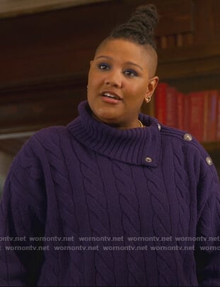 Sky's purple cable knit button embellished sweater on The Politician