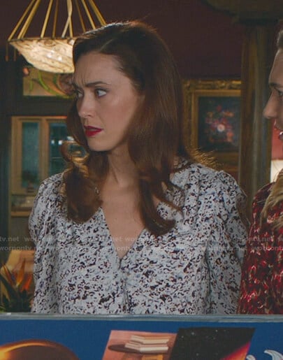 Abigail's white abstract print puff sleeve top on Good Witch