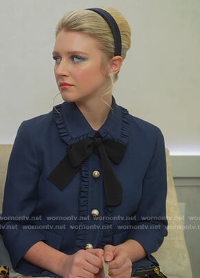 Alice's navy ruffle tie blouse on The Politician