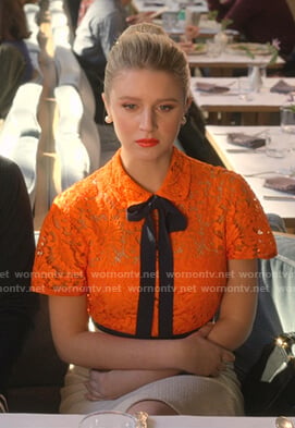 Alice's orange lace dress with black tie on The Politician