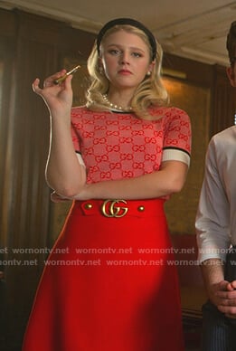 Alice's red Gucci gg sweater and skirt on The Politician