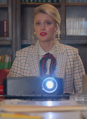 Allison's white tie blouse and check blazer on The Politician