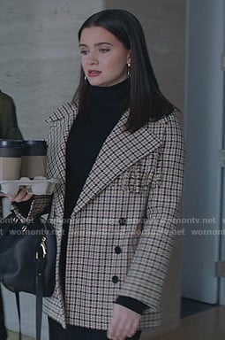 Jane's beige fringed plaid coat on The Bold Type