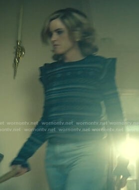 Betty's navy fair isle ruffle sweater on Dirty John