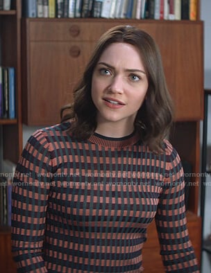 Cara's pink check sweater on God Friended Me