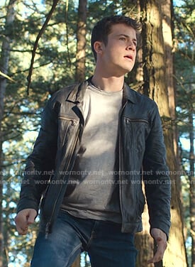 Clay's leather collared zip jacket on 13 Reasons Why