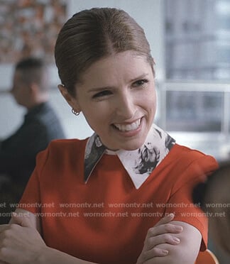 Darby's red dress with floral print collar on Love Life