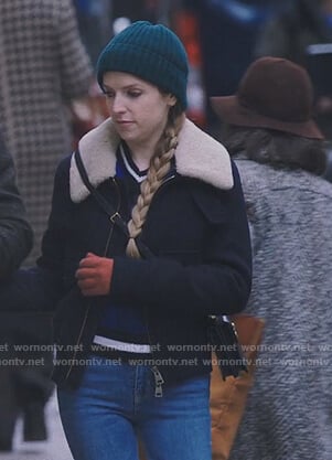 Darby's blue check sweater and shearling jacket on Love Life