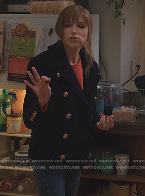 Darby's navy double breasted coat on Love Life
