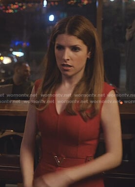Darby's red v-neck belted dress on Love Life