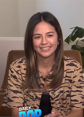 Erin's beige tiger print shirt on E! News Daily Pop