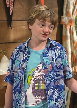 Finn's shark print tank and blue tropical print shirt on Bunkd