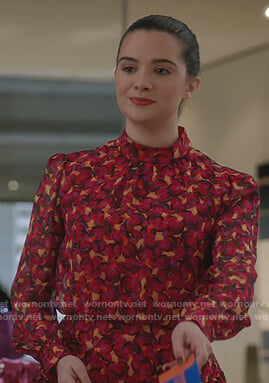 Jane's pink floral mock neck dress on The Bold Type