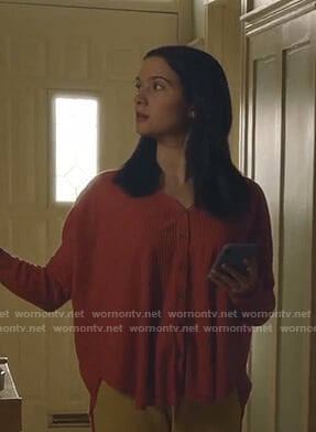 Jane's red waffle button front top on The Bold Type