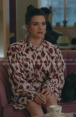 Jane's white leopard print ruffle blouse and skirt on The Bold Type