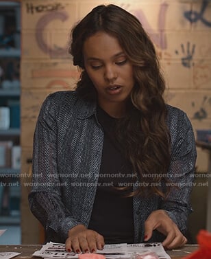 Jessica's blue herringbone shirt on 13 Reasons Why