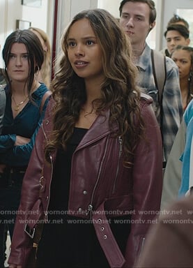 Jessica's burgundy leather moto jacket on 13 Reasons Why
