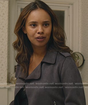 Jessica's grey suede moto jacket on 13 Reasons Why