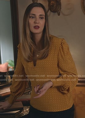 Joy's yellow dotted v-neck blouse on Good Witch