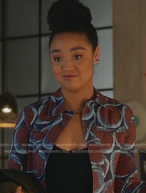 Kat's navy and brown geometric print shirtdress on The Bold Type