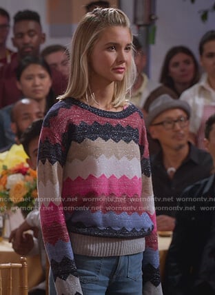 Katie's metallic zig zag sweater on Alexa & Katie