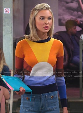 Katie's sun sweater and wide-leg jeans on Alexa & Katie