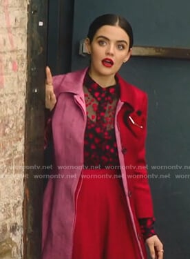Katy's heart blouse and pink two-tone coat on Katy Keene