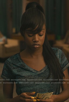 Kiesha's blue camo v-neck tee on The Chi