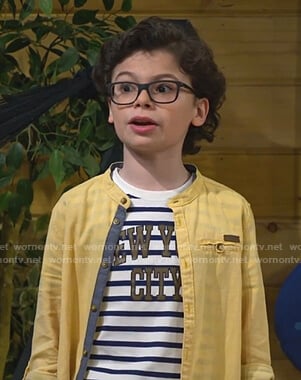 Matteo's striped tee and yellow shirt on Bunkd