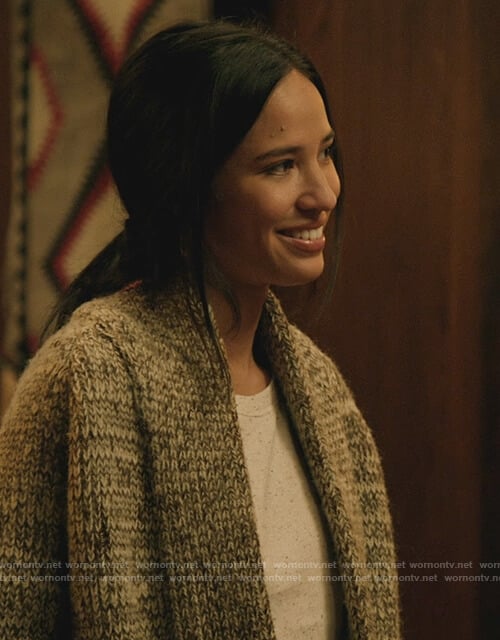 Monica's white speckled tee on Yellowstone