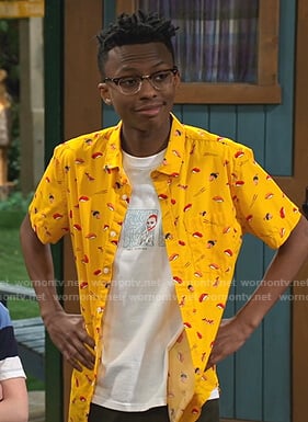Noah's van Gogh print tee and yellow sushi print shirt on Bunkd