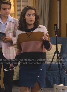 Ramona's striped sweater and denim skirt on Fuller House