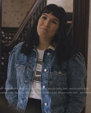 Sara's white graphic print tee and puff sleeve denim jacket on Love Life