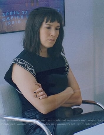 Sara's black embroidered trim top on Love Life