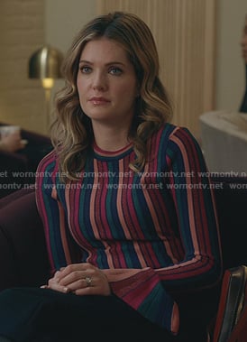 Sutton's metallic stripe bell sleeve top on The Bold Type