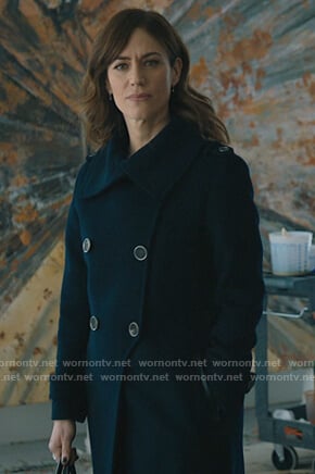Wendy's navy double breasted coat on Billions