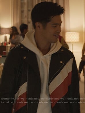 Zach's black leather stripe moto jacket on 13 Reasons Why