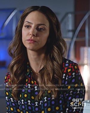 Zari's geometric print blouse on Legends of Tomorrow