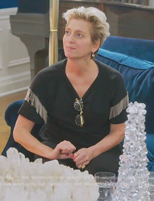 Dorinda's black metallic fringe tee on The Real Housewives of New York City