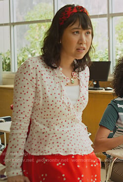 Eleanor's white heart print ruffle blouse on Never Have I Ever
