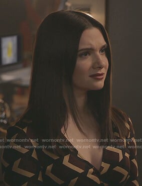 Jane's brown geometric print wrap dress on The Bold Type