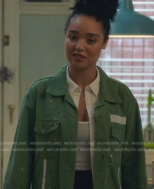 Kat's green paint-splutter jacket on The Bold Type