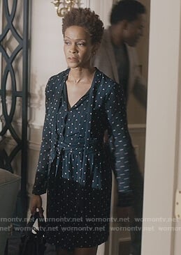 Kerissa's black printed wrap dress on Greenleaf