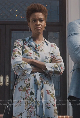 Kerissa's blue floral shirtdress on Greenleaf